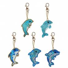 Keyring set, consisting of 5 pendants, motif dolphins, painting set complete with rhinestones
