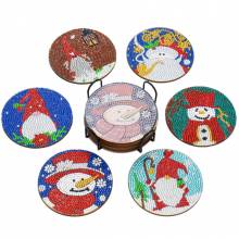 Untersetzer, 6 Stück mit Aufbewahrungs-Ständer, Weihnachten auf Schichtholzplatte, runde Strass Steine