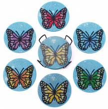 Coasters, 6 pieces with storage rack, butterfly on plastic/cork plate, round rhinestones