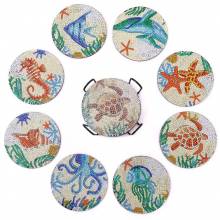 Untersetzer, 8 Stück mit Aufbewahrungs-Ständer, Meerestiere auf Kunststoff / Korkplatte, runde Strass-Steine
