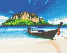 Crystal Art Kit, stretched on a wooden stretcher, Beach Boat, round stones, approx. 50x40cm, full image