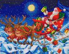 Crystal Art Kit, auf Keilrahmen gespannt, Santa`s Midnight Flight, runde Steine, ca. 50x40cm, Teilbild