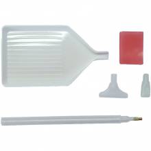 Tool set, pen, wax, tray with pouring opening